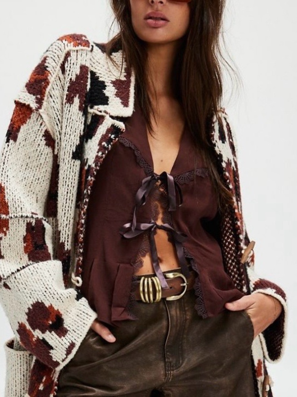 NWT Lost In Your Love Top -Trim Satin Tie-Front in Chocolate Fondant - Picture 4 of 5
